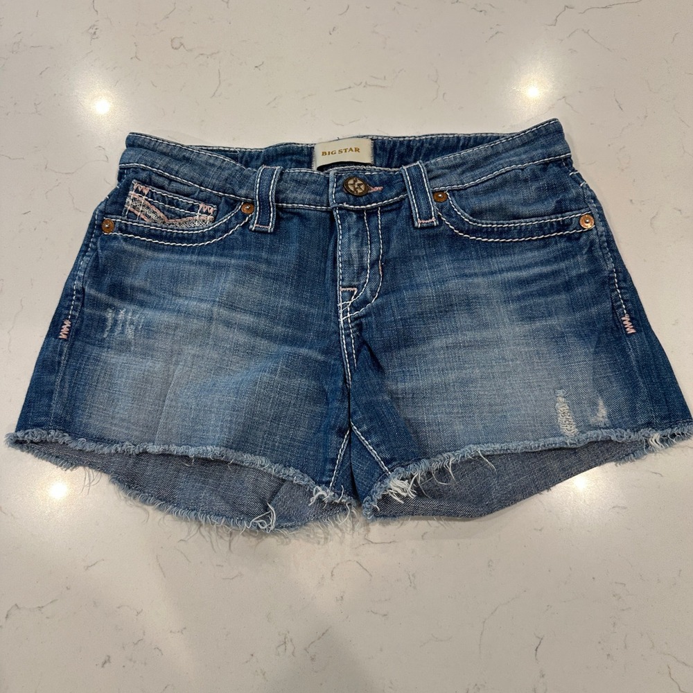 Big Star Womens Denim Jean Cutoff Shorts sz 28 Medium Wash Embroidered Low Rise